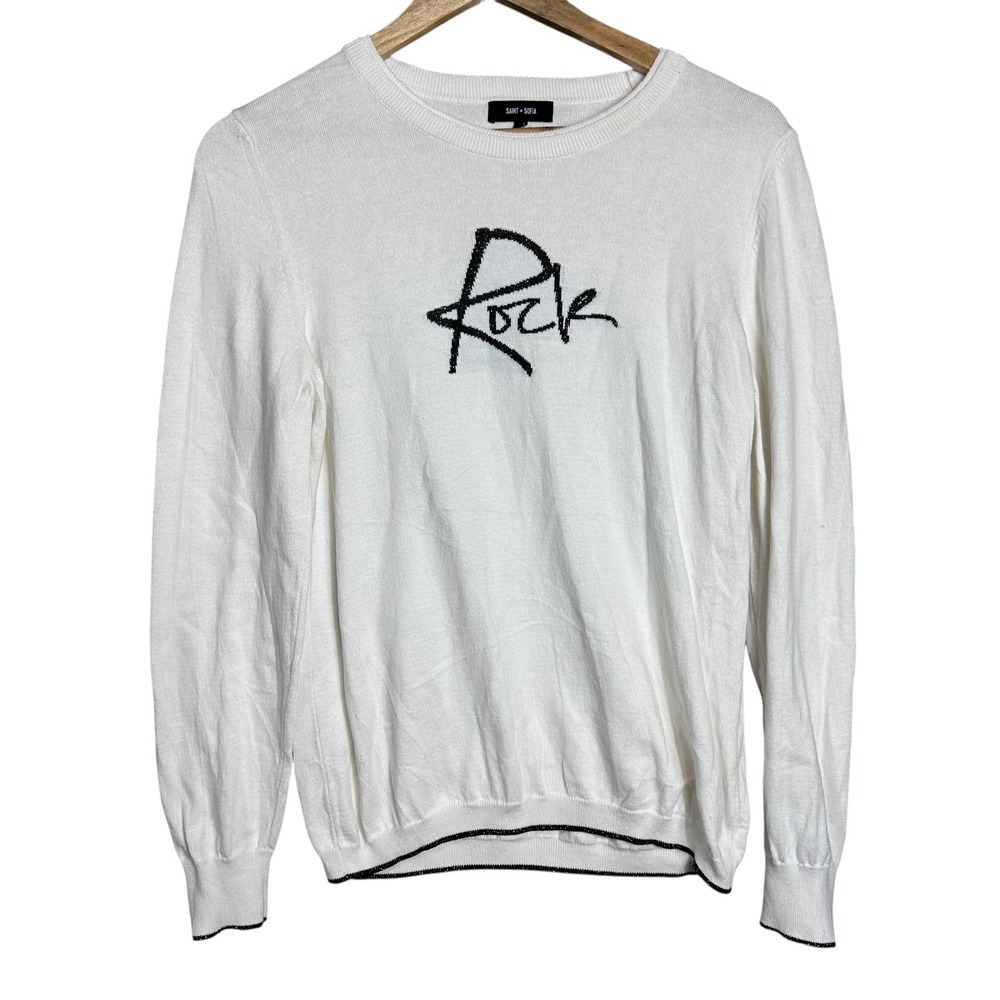 SAINT+SOFIA White Organic Cotton Knit Sweater Sequins Rock Graphic Long Sleeve S